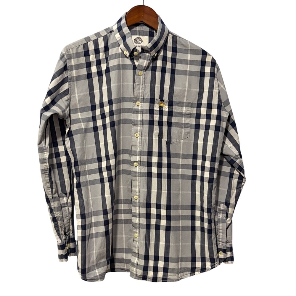 Burberry London England Mens Blue Grey Check Cotton Button Down Shirt Gold Logo